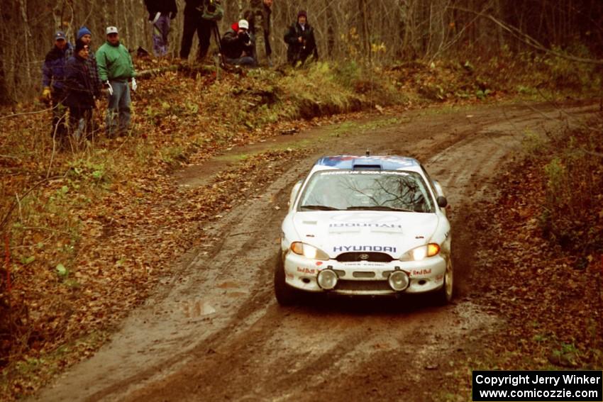 Paul Choiniere / Jeff Becker Hyundai Tiburon heads into the final corner of SS11, Gratiot Lake I.