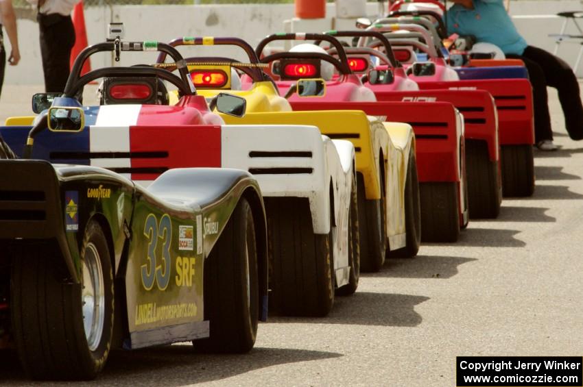 Spec Racer Fords lined up on the false grid before qualifying