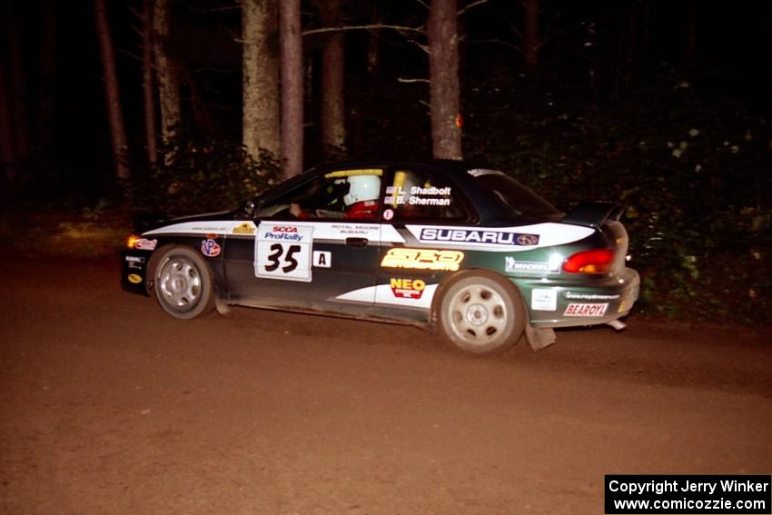 Lee Shadbolt / Bob Sherman Subaru Impreza at speed on SS5, Hanna One.