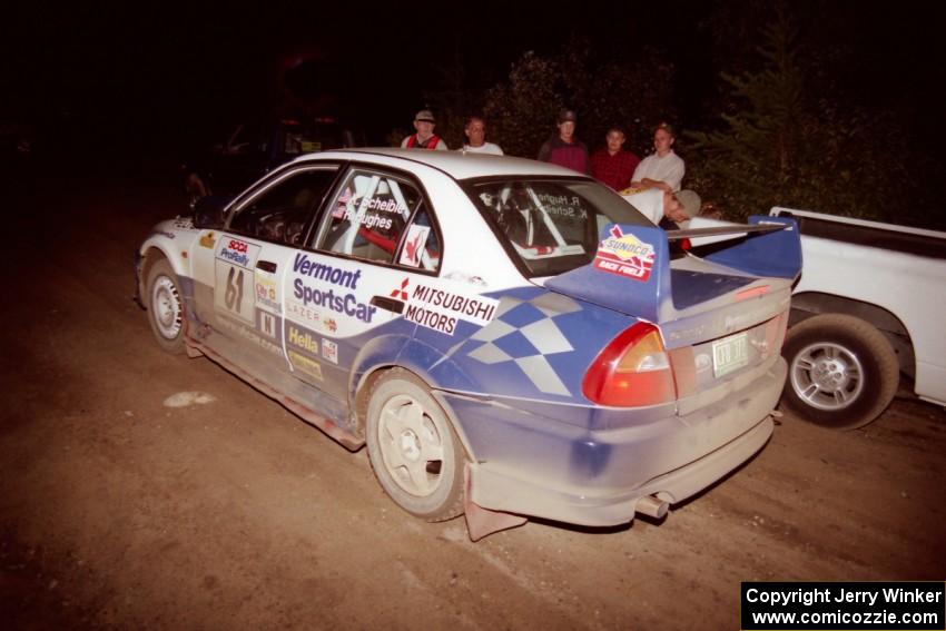 Karl Scheible / Russ Hughes Mitsubishi Lancer Evo V checks into the finish of SS7, Two Inlets.