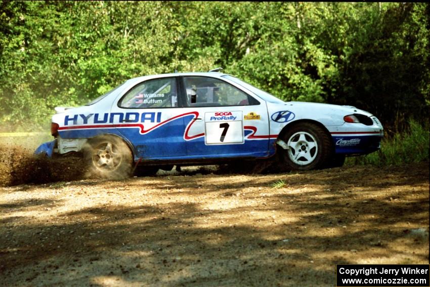 John Buffum / Mark Williams Hyundai Elantra at the spectator corner on SS10, Kabekona.