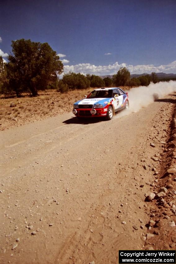 George Plsek / Alex Gelsomino Audi S2 Quattro at speed near the finish of SS6.