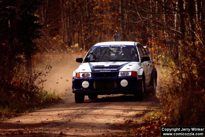 Karl Scheible / Russ Hughes Mitsubishi Lancer Evo V at speed near the finish of SS11, Gratiot Lake I.