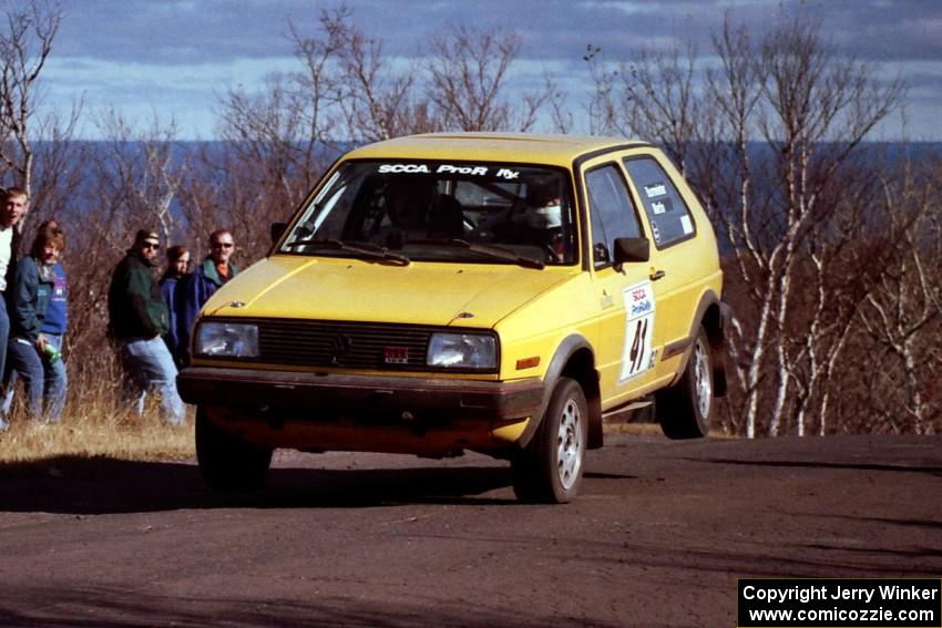 Art Burmeister / Bob Martin VW GTI at the final yump on SS13, Brockway Mountain.