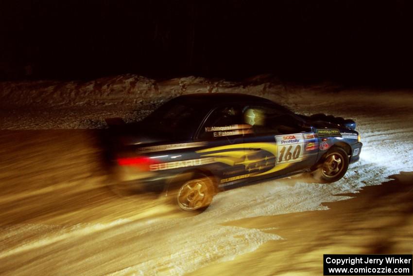 Eric Eaton / Kenny Almquist Subaru Impreza at the spectator corner on SS13, Meaford/DeCheau Lake.