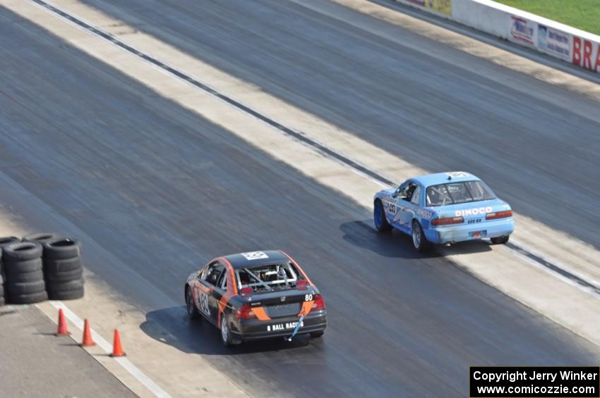 Team McQueen Nissan 240SX passes 8 Ball Racing Honda Civic