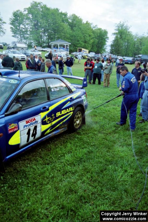 Mark Lovell / Mike Kidd Subaru WRX STi gets hosed down at Germania service.