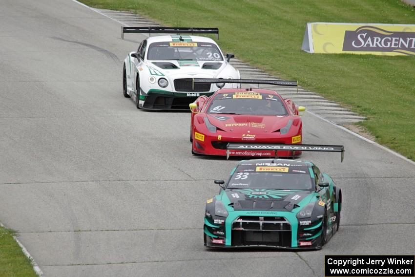 James Davison's Nissan GT-R GT3, Olivier Beretta's Ferrari 458 GT3 Italia and Butch Leitzinger's Bentley Continental GT3