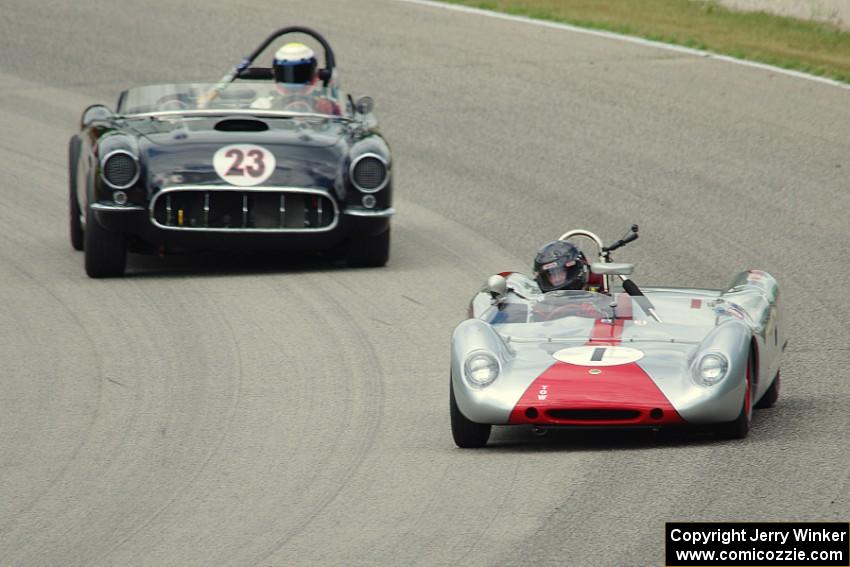 Sandra McNeil's Lotus 23B and Todd Stuckart's Chevy Corvette