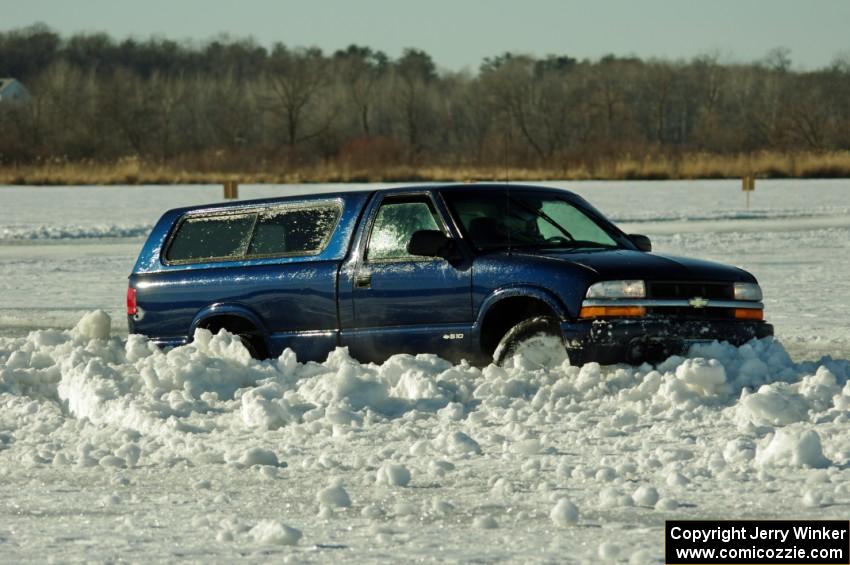 Dan Graff's Chevy S-10 Pickup gets hung up on a snowbank.