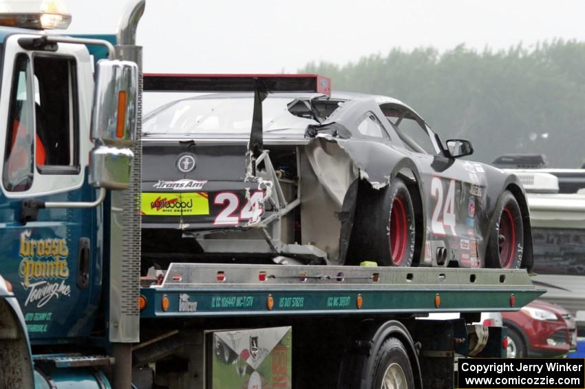 Dillon Machavern's Ford Mustang comes in on the flatbed.