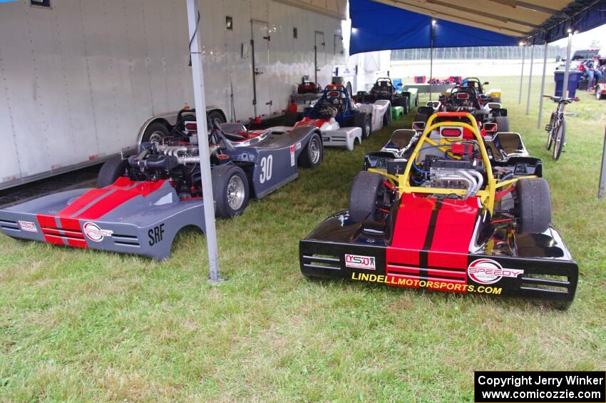 Lindell Motorsports' Spec Racer Ford 3s lined up in the paddock.