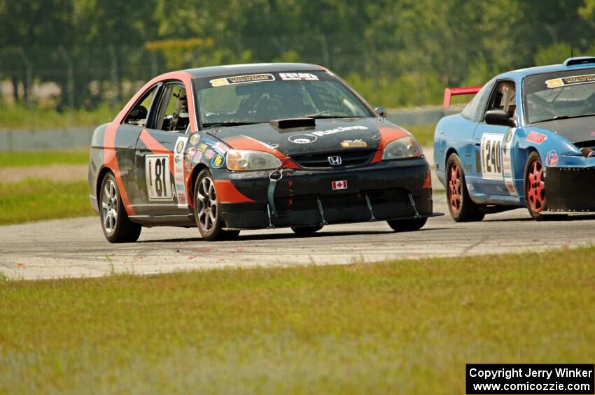 Sons of Irony Motorsports Nissan 240SX passes 8 Ball Racing Honda Civic