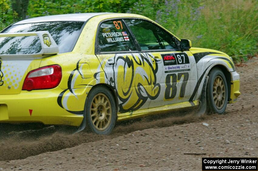 Mark Williams / Ben Peterson Subaru WRX STi at a sharp left on SS3, Steamboat I.