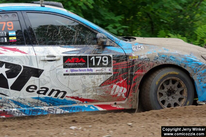 Dennis Romero / Jose Maria Rodriguez Subaru WRX STi  at a sharp left on SS3, Steamboat I.