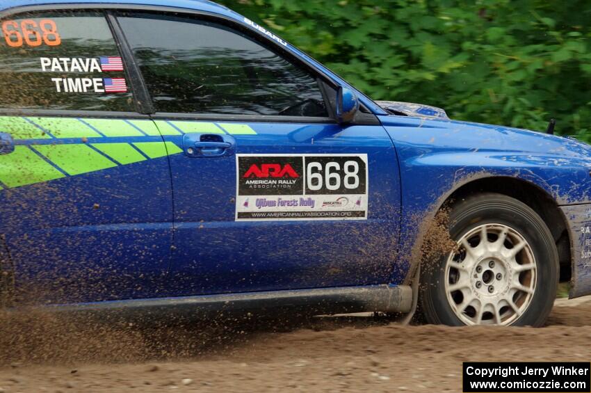 Jeff Timpe / Joe Patava Subaru WRX at a sharp left on SS3, Steamboat I.