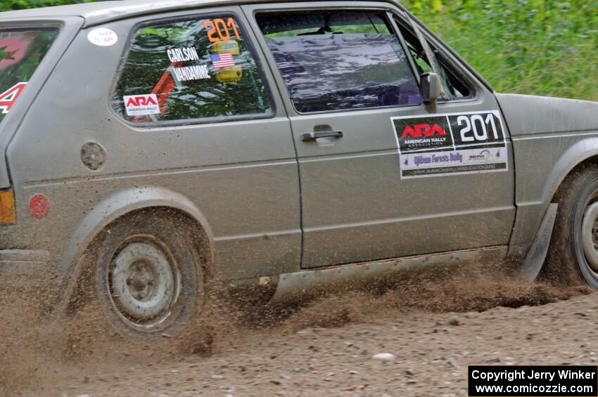 Adam VanDamme / Jake Carlson VW Rabbit at a sharp left on SS3, Steamboat I.