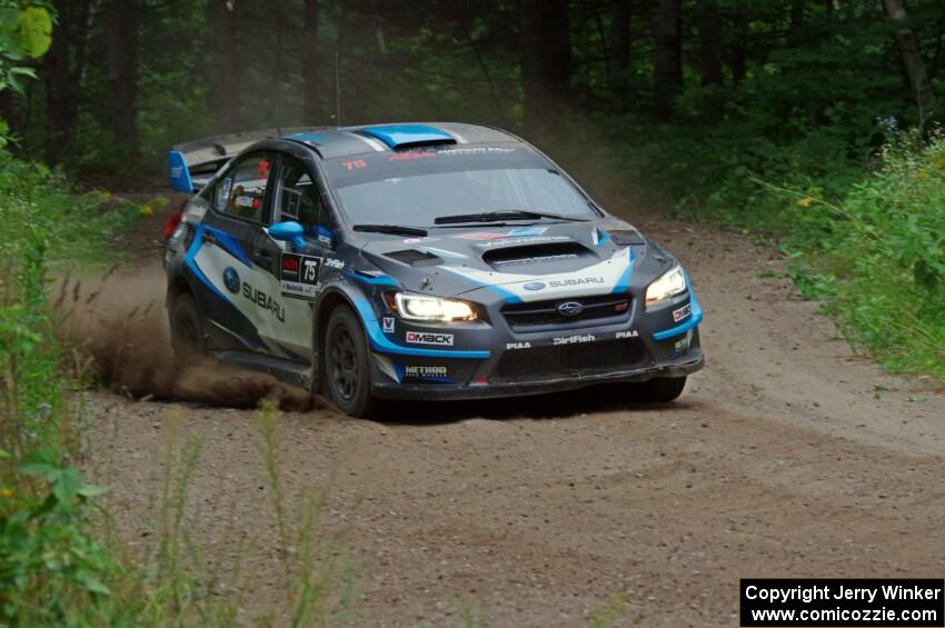 David Higgins / Craig Drew Subaru WRX STi at a sharp left on SS6, Steamboat II.