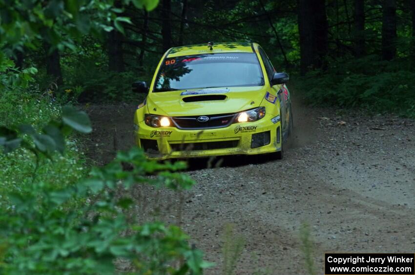 Lauchlin O'Sullivan / Scott Putnam Subaru WRX STi at a sharp left on SS6, Steamboat II.