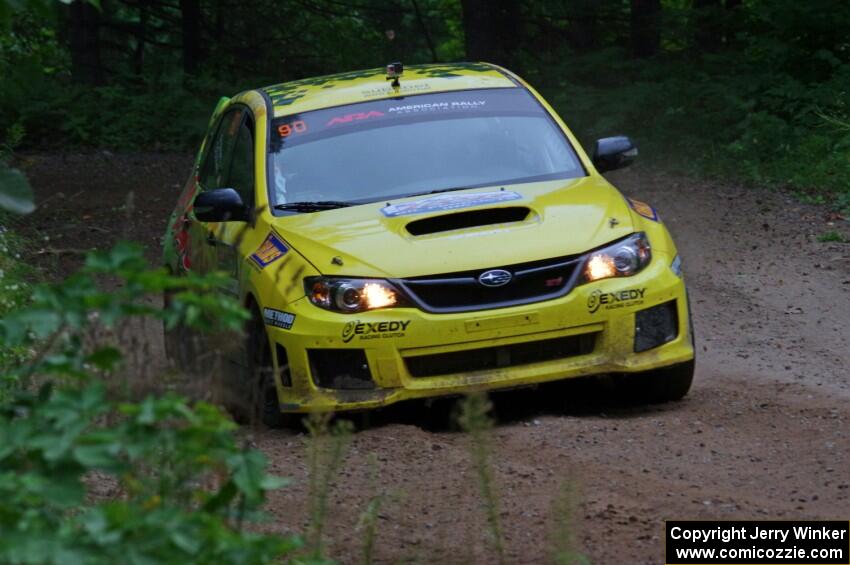 Lauchlin O'Sullivan / Scott Putnam Subaru WRX STi at a sharp left on SS6, Steamboat II.