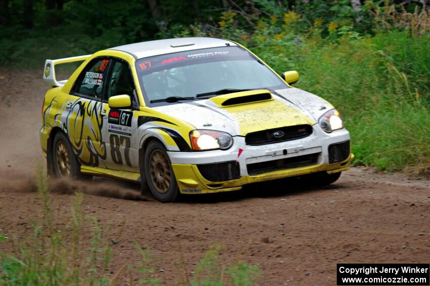 Mark Williams / Ben Peterson Subaru WRX STi at a sharp left on SS6, Steamboat II.