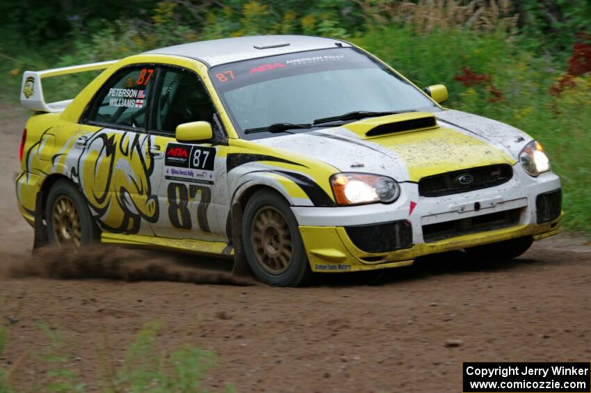 Mark Williams / Ben Peterson Subaru WRX STi at a sharp left on SS6, Steamboat II.