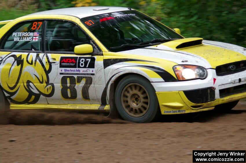 Mark Williams / Ben Peterson Subaru WRX STi at a sharp left on SS6, Steamboat II.