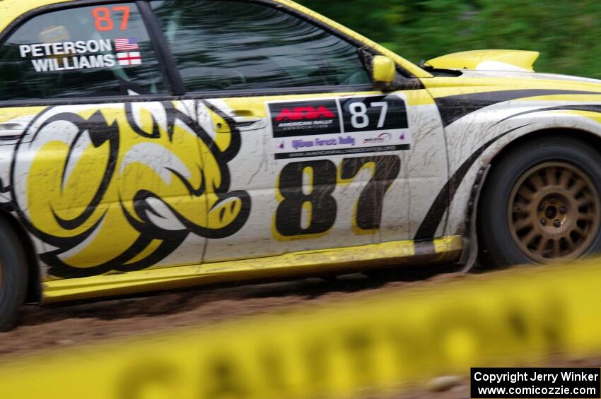 Mark Williams / Ben Peterson Subaru WRX STi at a sharp left on SS6, Steamboat II.