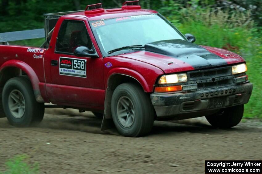 Jim Cox / Scott Parrott Chevy S-10 at a sharp left on SS6, Steamboat II.