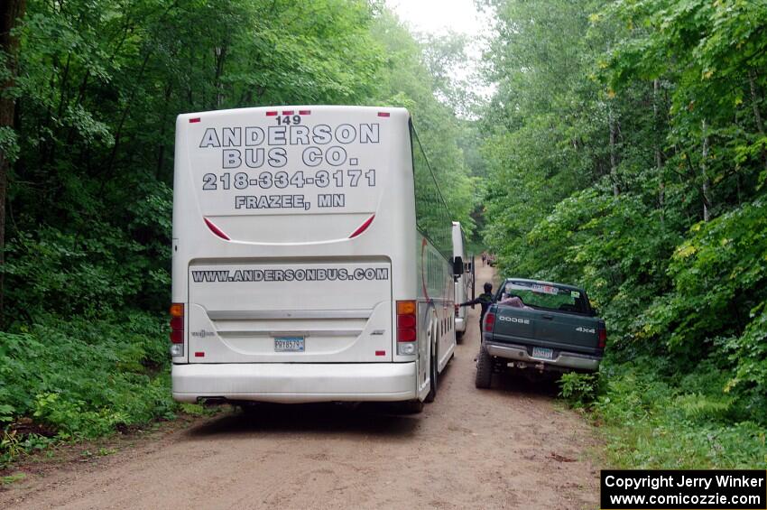 A chartered bus brought folks to the the VIP spectator corner on SS8, Perkins Road.