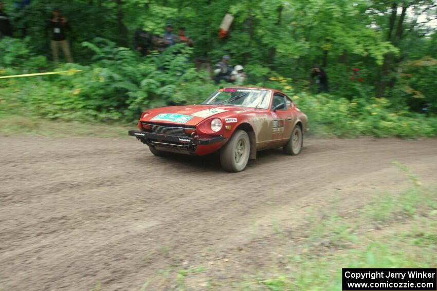 Greg Healey / Phil Barnes Datsun 280Z comes through the VIP spectator corner on SS8, Perkins Road.