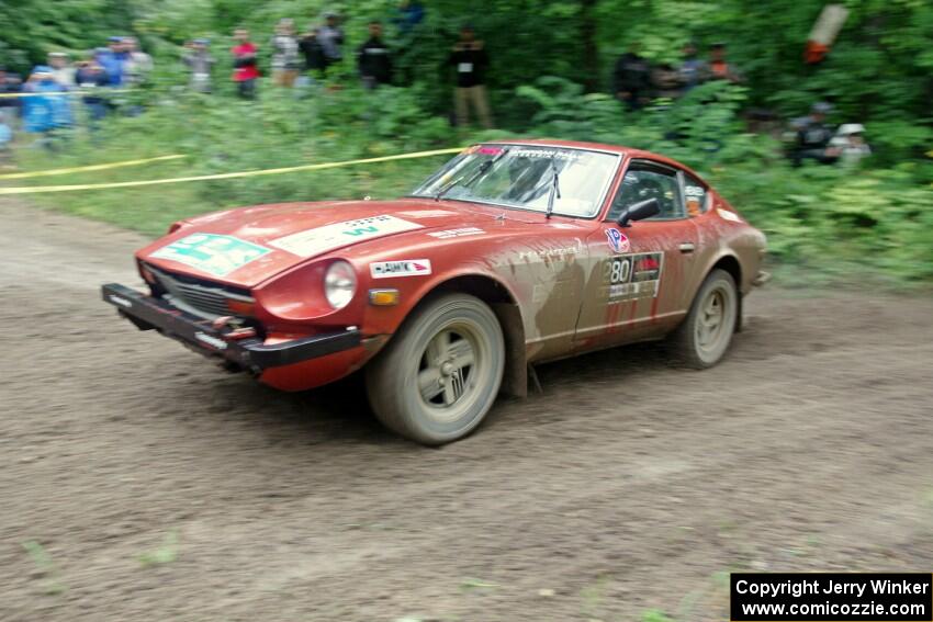 Greg Healey / Phil Barnes Datsun 280Z comes through the VIP spectator corner on SS8, Perkins Road.