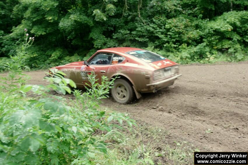 Greg Healey / Phil Barnes Datsun 280Z comes through the VIP spectator corner on SS8, Perkins Road.