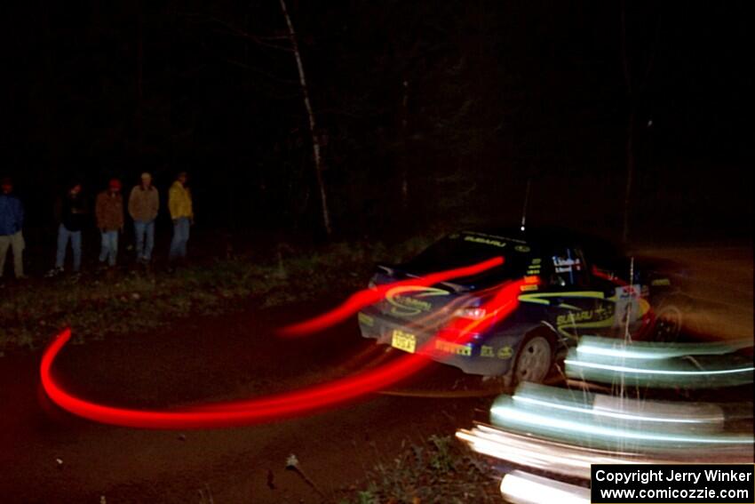 Karl Scheible / Brian Maxwell Subaru WRX STi at speed near the finish of SS6, Passmore II.