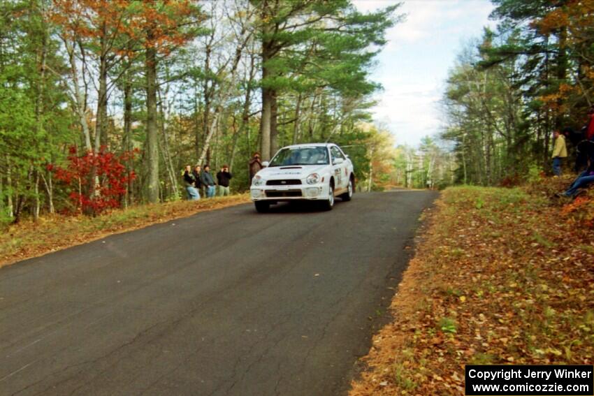 Jason Rivas / Ole Holter Subaru WRX at the midpoint jump on SS16, Brockway Mt.