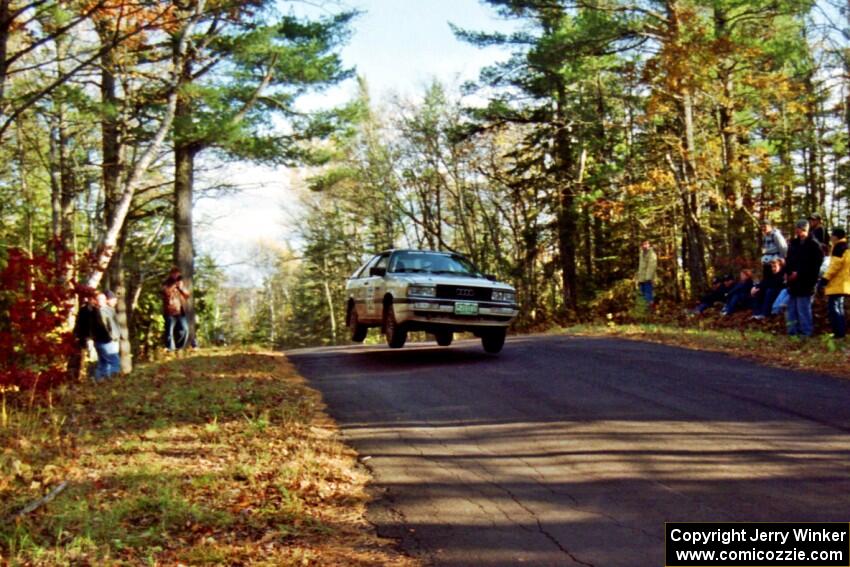 Bob Burtis / Rick Burtis Audi Quattro Coupe at the midpoint jump on SS16, Brockway Mt.