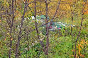 Seamus Burke / Martin Brady Ford Escort Mk. II slides to a stop at the spectator point on SS9, Arvon-Silver I.