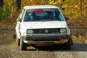 Adam VanDamme / Jake Carlson VW Golf comes through the spectator point on SS9, Arvon-Silver I.