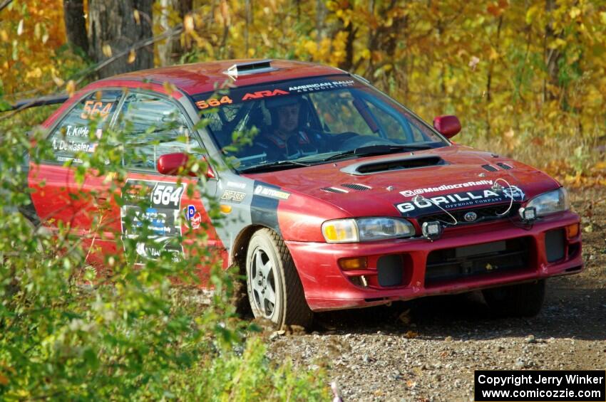 Arin DeMaster / Taylor Kildea Subaru Impreza slides to a halt at the spectator location on SS9, Arvon-Silver I.