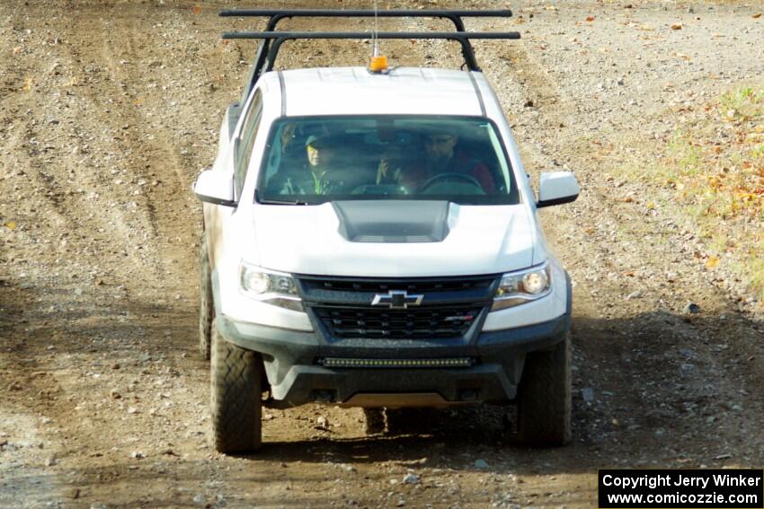 A Chevy Colorado ZR2 Pickup sweep vehicle comes through the spectator location on SS9, Arvon-Silver I.