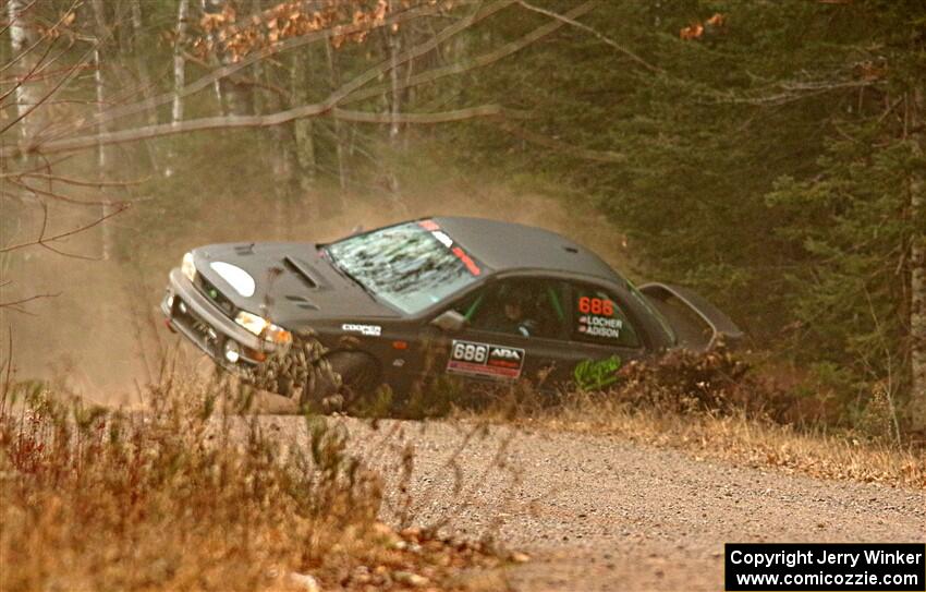 Jordan Locher / Tom Addison Subaru Impreza 2.5RS rolls on SS1.