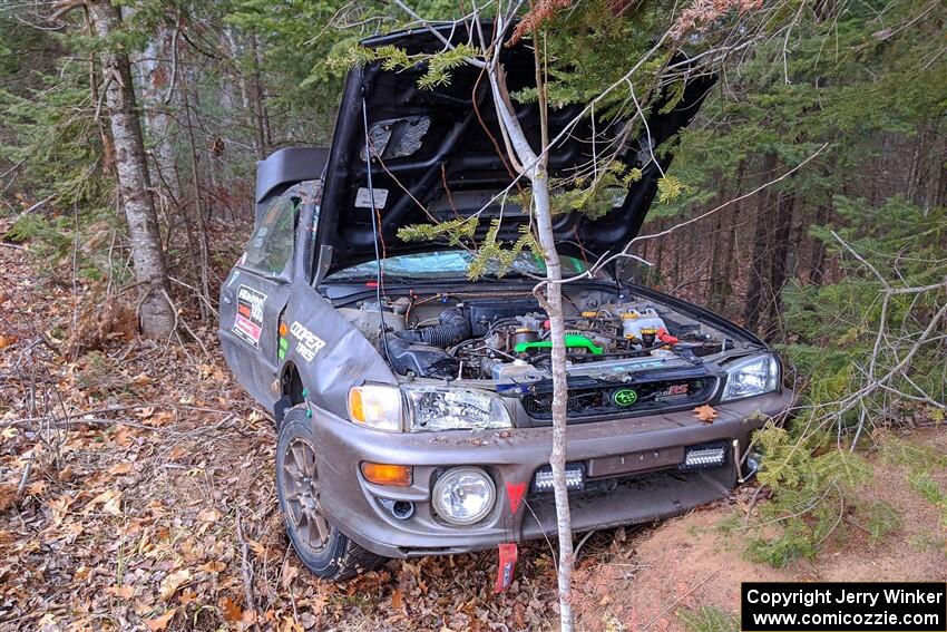 Jordan Locher / Tom Addison Subaru Impreza 2.5RS after rolling on SS1.