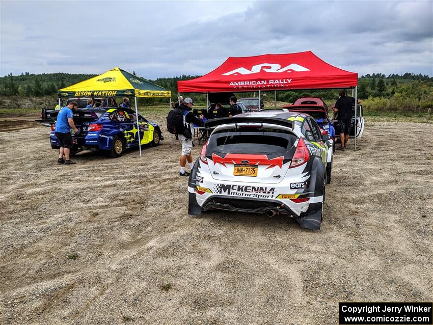 Brandon Semenuk / John Hall Subaru WRX STi and Ryan Booth / Nick Dobbs Ford Fiesta R5 heads through tech before the start.