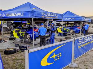 Travis Pastrana / Rhianon Gelsomino and Brandon Semenuk / John Hall Subaru WRX STis after day one of the rally.