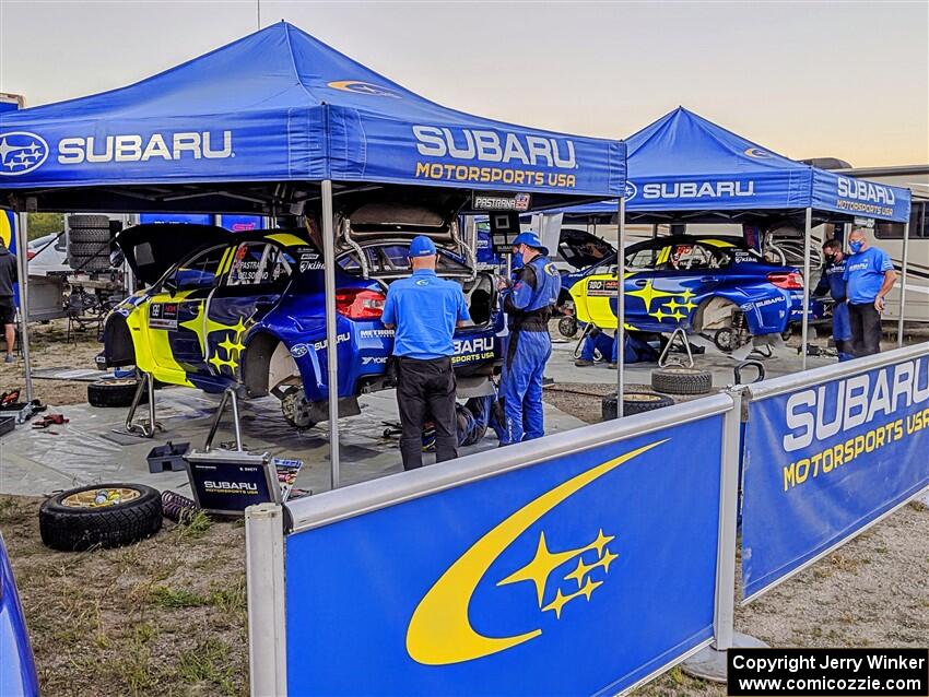 Travis Pastrana / Rhianon Gelsomino and Brandon Semenuk / John Hall Subaru WRX STis after day one of the rally.