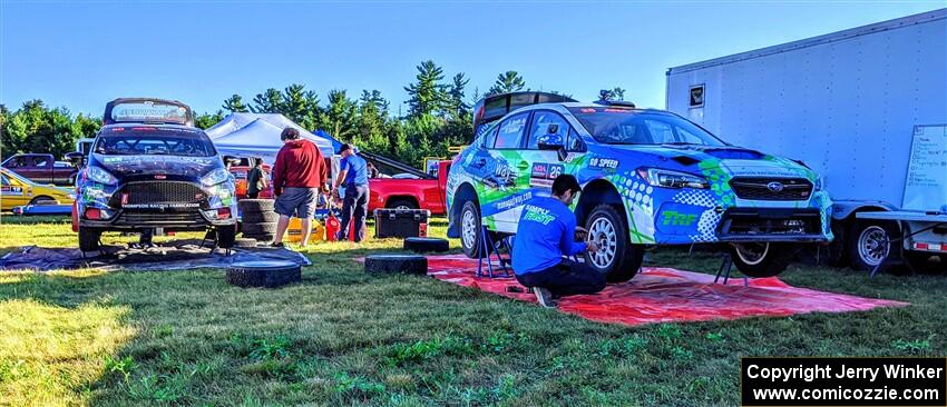 Ryan Sanders / Oliver Smith Ford Fiesta ST and Rob Sanders / Boyd Smith Subaru WRX STi prior to the start of day two.