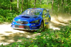 Travis Pastrana / Rhianon Gelsomino Subaru WRX STi at speed on SS10, Strawberrry Mountain II.