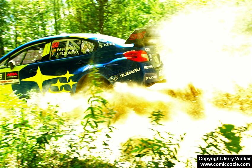 Travis Pastrana / Rhianon Gelsomino Subaru WRX STi at speed on SS10, Strawberrry Mountain II.