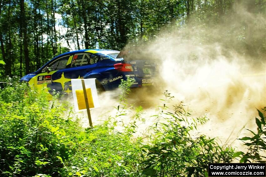 Travis Pastrana / Rhianon Gelsomino Subaru WRX STi at speed on SS10, Strawberrry Mountain II.