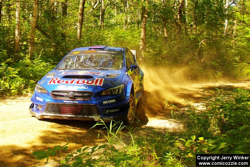 Brandon Semenuk / John Hall Subaru WRX STi at speed on SS10, Strawberrry Mountain II.